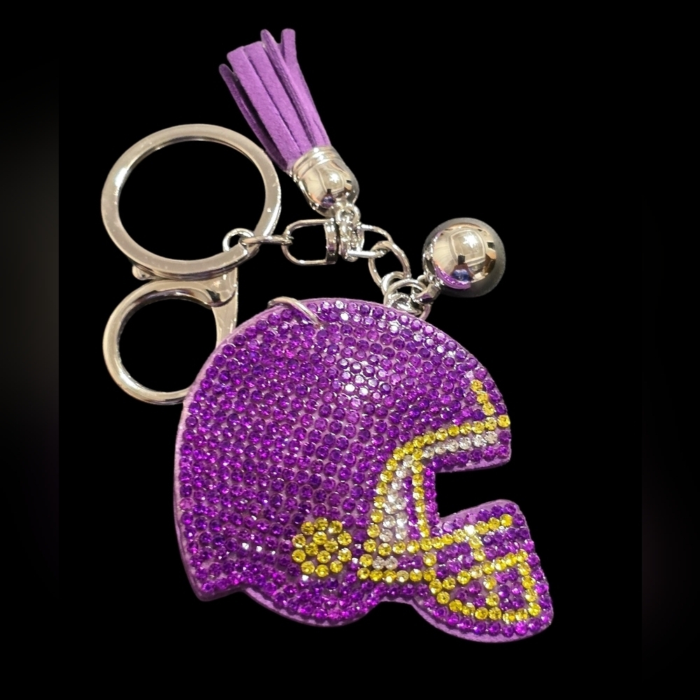 Purple and Yellow Rhinestone Football Helmet Bag Charm Keychain